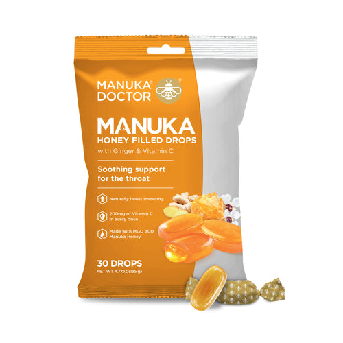 Packaging of Manuka Doctor Manuka Honey Filled Drops with Ginger & Vitamin C. The package contains 30 individually wrapped lozenges.